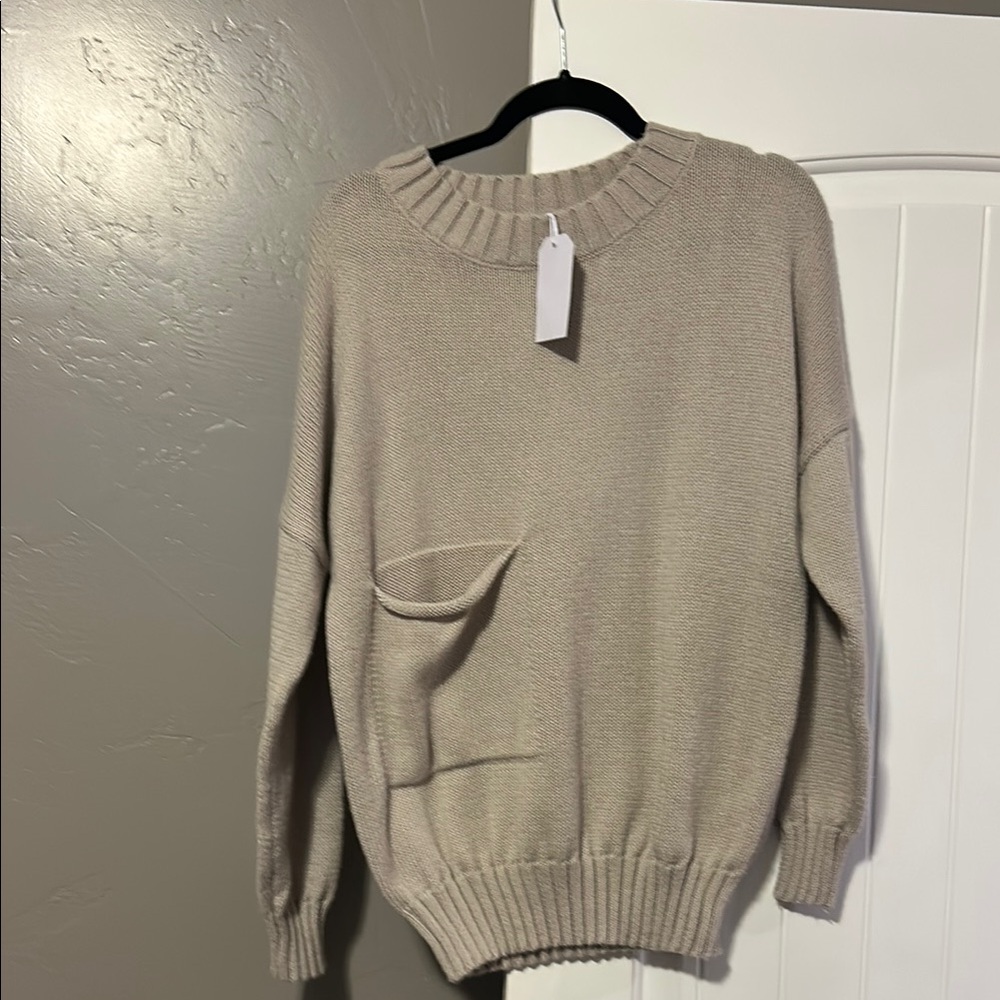 Cozy Beige Knit Sweater with Pocket